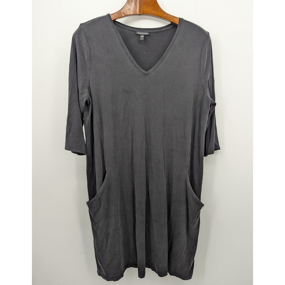 Eileen Fisher Dress XL Black Tencel Jersey Knit V-Neck Pockets Knee Length